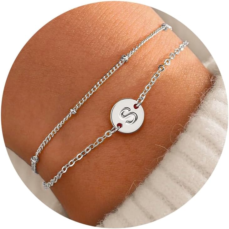 MONOZOGold Initial Bracelets for Women Girls - Dainty 18K Gold Plated Layered Beaded Letter Initial Bracelet Personalized Disc Monogram Bracelet Gold Bracelets for Women Teen Girl Gifts Trendy Stuff