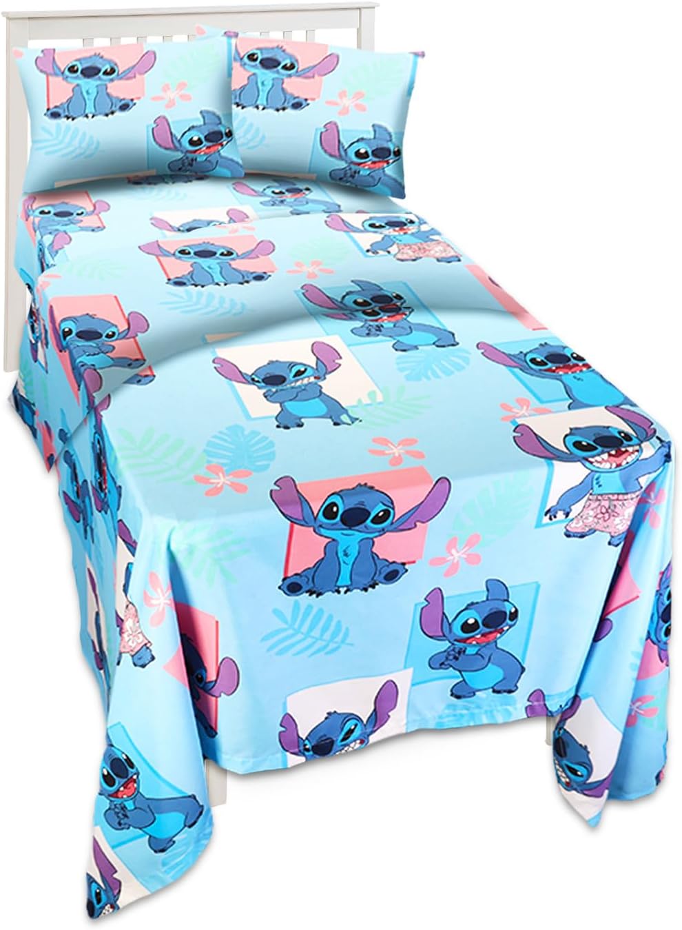 Stitch Twin Size Bedding Set for Toddlers - Lilo and Stitch Twin Bedding Bundle Includes Stitch Sheets with Flat Sheet, Fitted Sheet, and Pillowcase for Twin Bed Plus Stickers | Stitch Bedroom Decor
