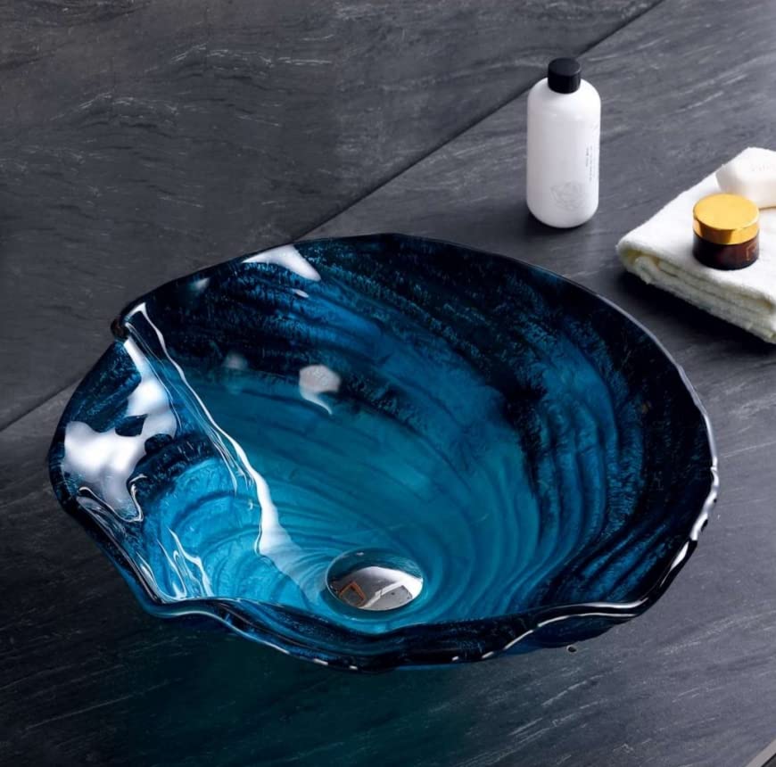 OBLONG Table Top Wash Basin | Wash Basin Countertop | Tabletop Ceramic Bathroom Sink | Vessel Sink Over Counter | Marble Wash Basin For Bathroom - Glass Designer Basin Aqua Ocean (G001)