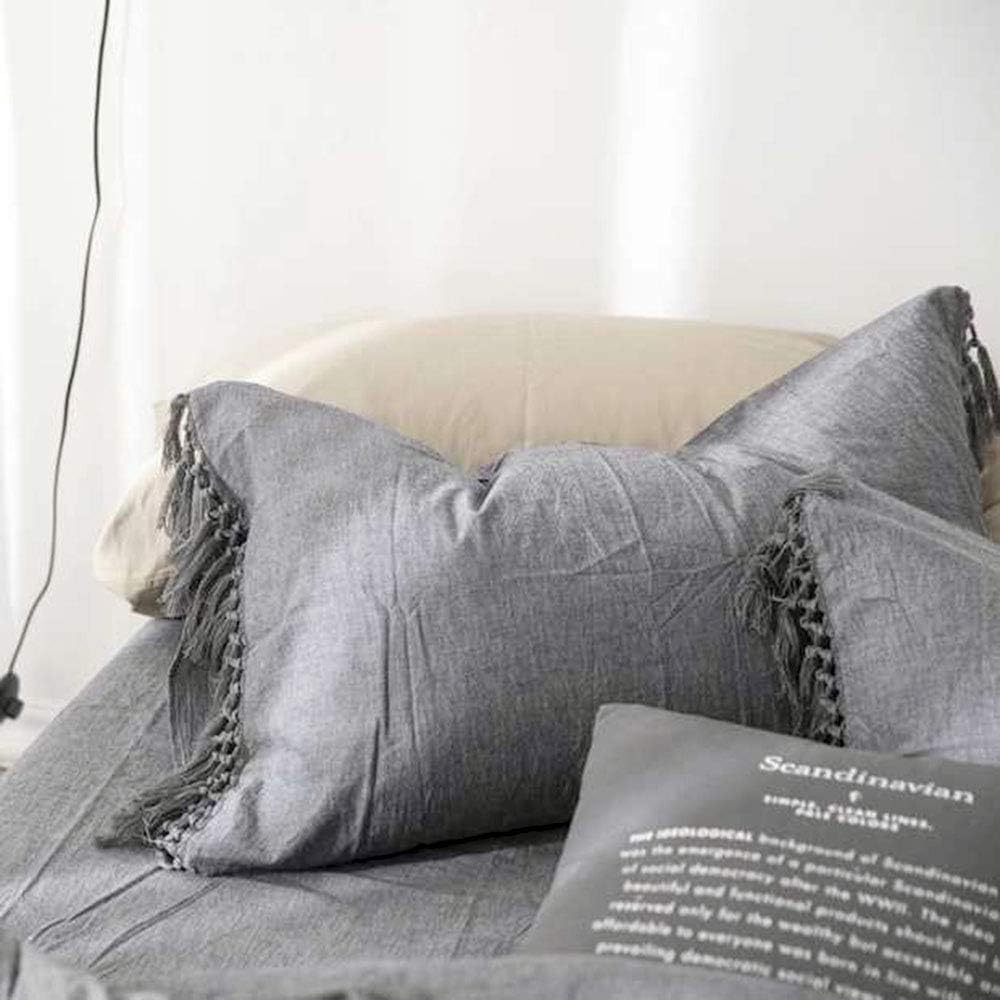 Gray Pillow Covers Cases Shams Grey Linen Cotton Slips with Tassels Boho Queen Size 30x20 Inches 2 Pieces Solid