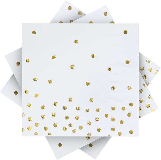 ANECO 60 Pack White with Gold Napkins Disposable Dots Paper Napkins Cocktail Napkins with 3 Layers Ideal Rose Gold Party Decorations Birthday Party Supplies, 5 by 5 Inches