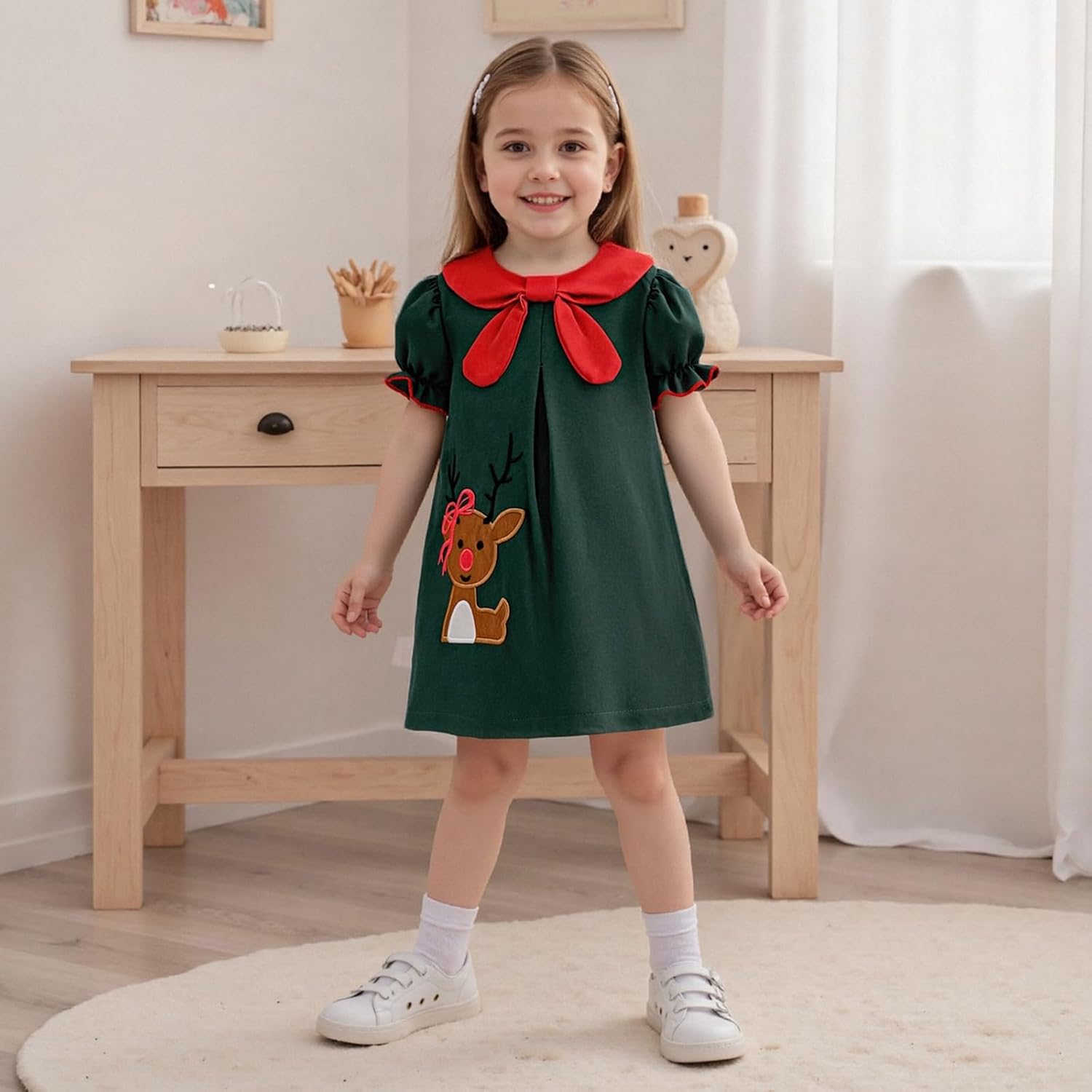 Honganda Kids Toddler Baby Girl Christmas Outfit Short Sleeve Cartoon Reindeer Pattern Skirt Dress Merry Christmas Dress - Image 3