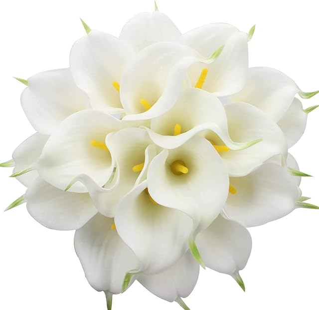 Tifuly 24 Pcs Artificial Calla Lilies, Realistic Latex Calla Lily with Soft PU Stem, Elegant Flower Decoration for Bridal Wedding, Home, Party, Office, DIY Floral Arrangements(White)