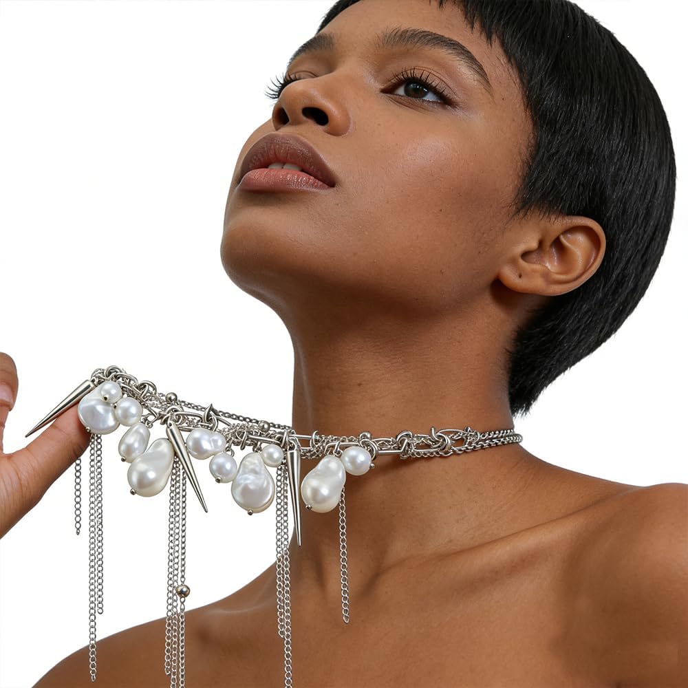Goth Chunky Pearl Necklace Alt Spike Choker Necklace for Women Emo Gothic Y2k Grunge Punk Rock Statement Jewelry