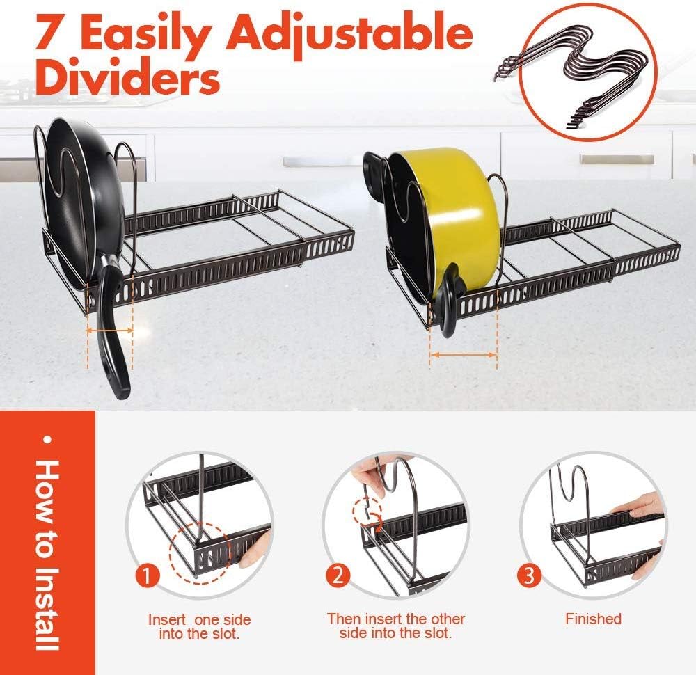 Masthome Expandable Pot and Pan Organizer, Adjustable Pot Rack Pans Holder with 7 Dividers, Kitchen Cabinet Storage Organizer for Cookware, Bakeware