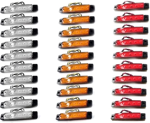 PolarLander 30Pcs 24V 6LED Side Marker Indicators Lights Lamp For Car Truck Trailer Lorry 6 LED Amber Clearence Bus Waterproof Red/Yellow/White