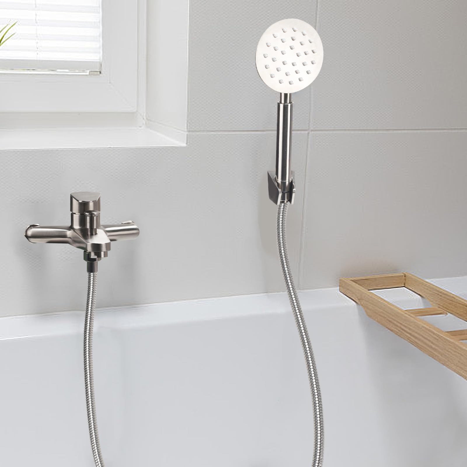 Rubinetto Vasca da Bagno con Doccetta, Miscelatore Vasca da Bagno in Acciaio Inox, Rubinetto Doccia da Muro Monocomando, Miscelatore Doccia Esterno, per Bagni, Vasche, Argenteo