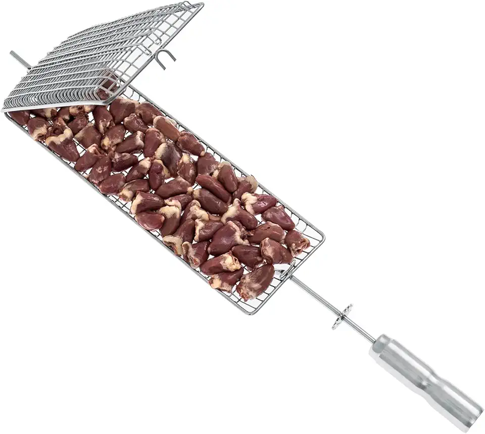 Espeto Grelha Giratório 65cm para CORAÇÃO DE FRANGO, MIÚDOS, CAMARÃOZINHO, LEGUMES, etc - ARTINOXGRILL - Abre-Fecha