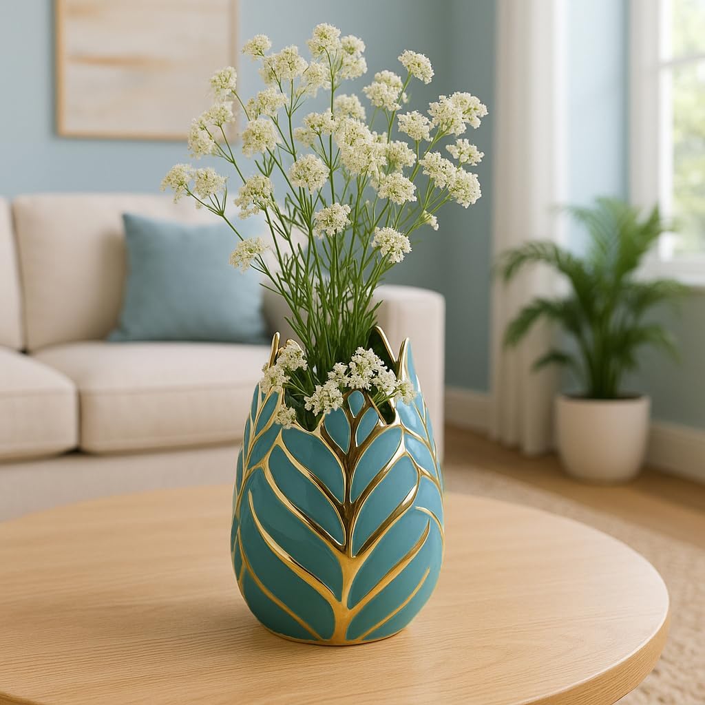 Modern Ceramic Vase for Home Decor – Sculpted Accent Decor for Living Room Decor, Bedroom Accent, Tabletop, or Office Shelf Decor – Decorative Contemporary Flower Vase – 8" Turquoise & Gold