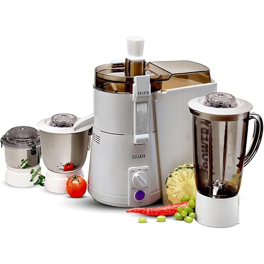 Sujata Powermatic Maxima Juicer Mixer Grinder|900 Watts Double Ball Bearing Motor|22000 RPM|Non-Stop 90 Mins Running|3 Jars including 1750ml Blender, 1000ml Grinder, 500ml Chutney Jar| (White)