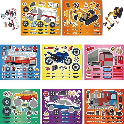 24 Sheets Make Your Own Stickers Make A Face Stickers for Kids Toddlers with Construction Ambulance Fire Truck Freight Car Police Car Jeep Train DIY Craft Kids Party Favor Supplies Crafts