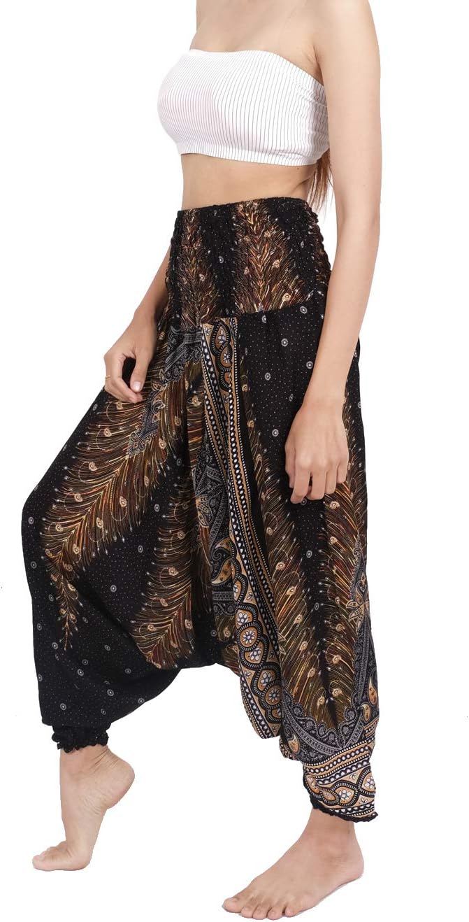 Women's Peacock Print Aladdin Harem Hippie Pants Jumpsuit