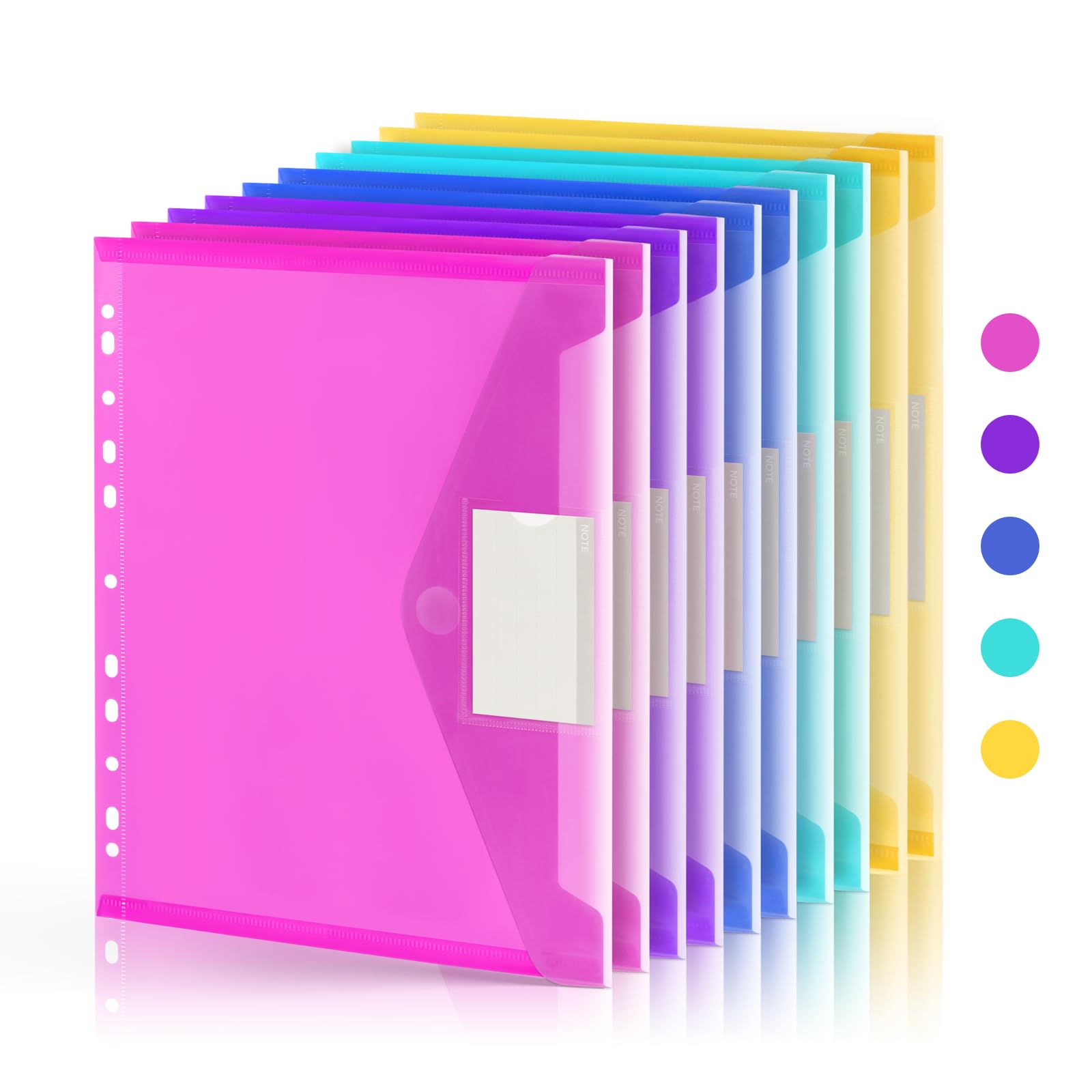 10 Pack Binder Pocket, 11 Ring Clear File Folders, Plastic Envelopes Organizer for Documents with Label, A4 Size