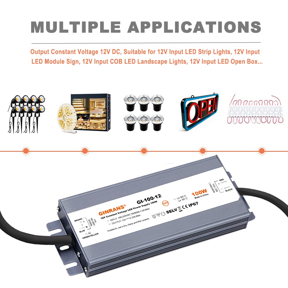 Driver de Fuente de Alimentación LED de Voltaje Constante Impermeable IP67 de 100W, Entrada Universal 100-240V AC con Enchufe, Salida 12V DC 8,33A Máx. para Iluminación LED Exterior