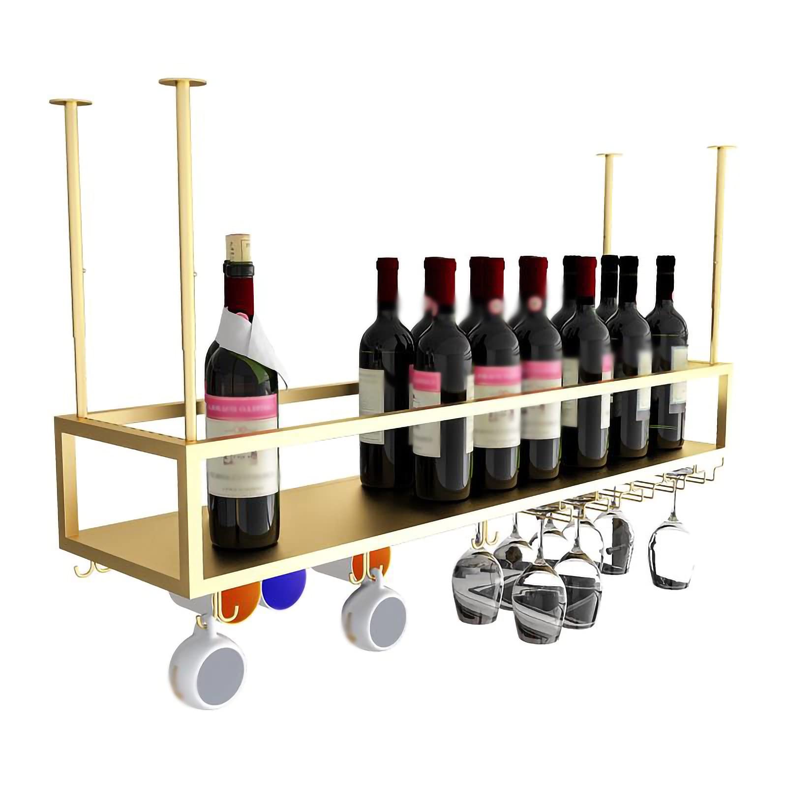 QRBNFRDE Hanging Wine Rack, Metal Ceiling Bottle Rack, Adjustable Height and Width, Gold Display Wine Storage Holder with Stemware Glass Shelf, for Under Cabinet/Kitchen/Bar,Gold-100x25x21cm