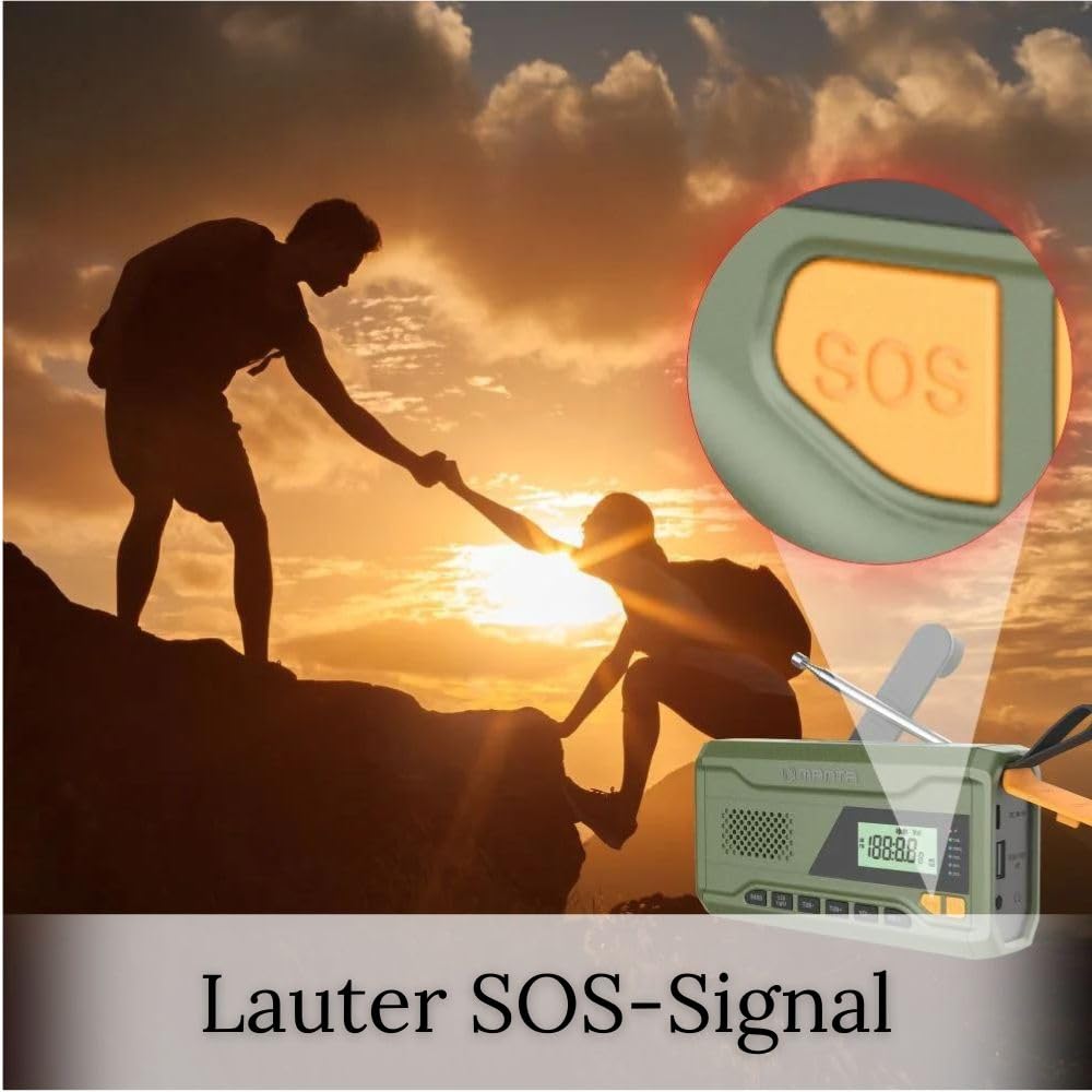 Manta RDI401G solarne radio awaryjne z korbą ręczną, radio FM z przenośnym powerbankiem 4500 mAh, USB-C, jasna latarka i lampka do czytania w sytuacjach awaryjnych w gospodarstwie domowym i na świeżym