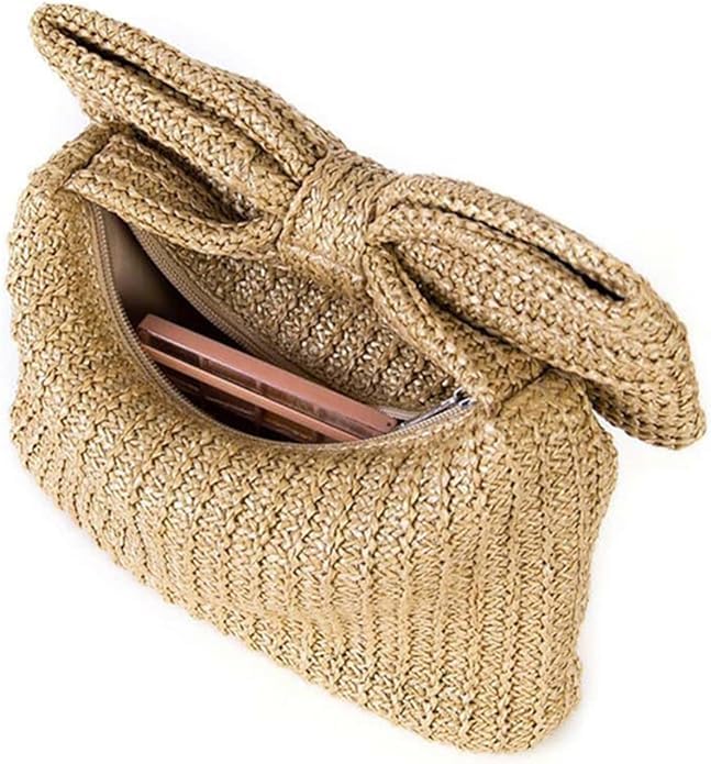 Image of Ladies Straw Bow Purse Summer Clutch Bag Holiday Beach Handbag Formal Party Wedding 2024 New (pink)
