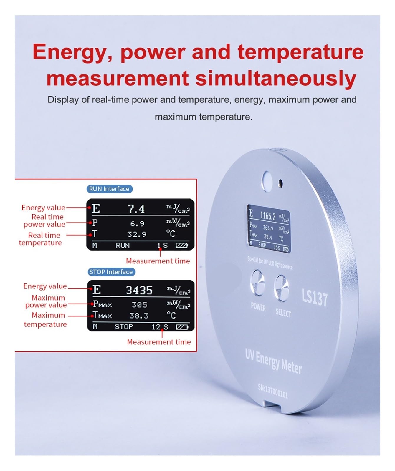 Misuratore di energia UV Radiometro Sorgenti luminose LED UVA LS137 Misura energia, potenza e temperatura Dimensioni ultra ridotte Alta precisione,Versatile