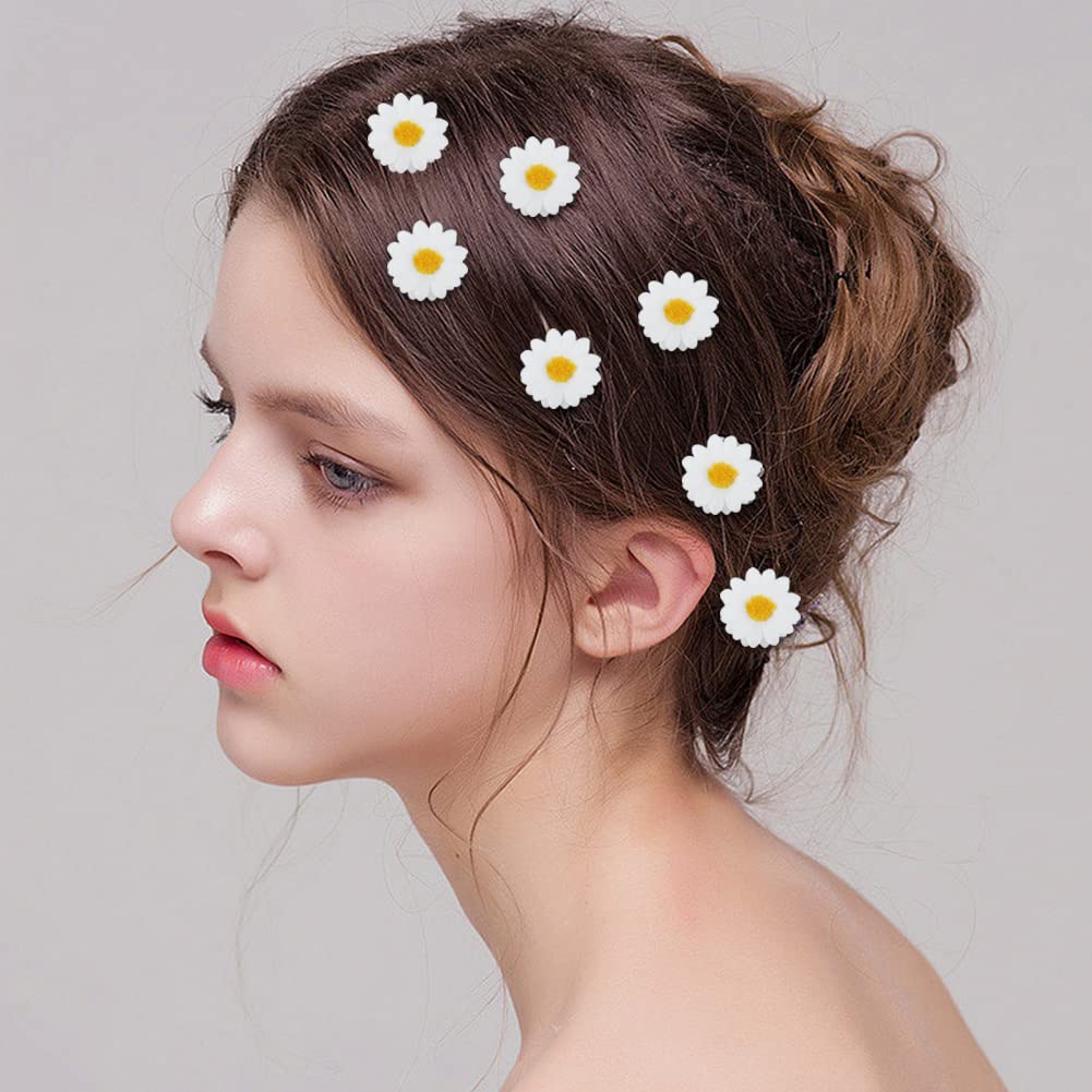 Lot De 10 Barrettes à Cheveux Marguerite - Style Rétro, Plaqué Argent, Fleur Blanche Et Jaune