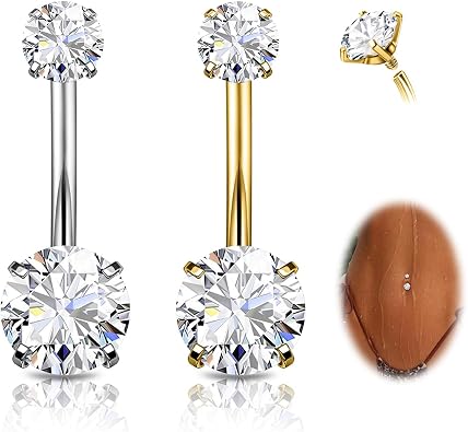 2PC G23 Titanium Belly Button Rings Internally Threaded Navel Barbell Belly Piercing Jewelry 6mm 8mm 10mm 12mm 14mm 16mm of Length to Choose Round Cubic Zirconia Belly Rings for Women Men