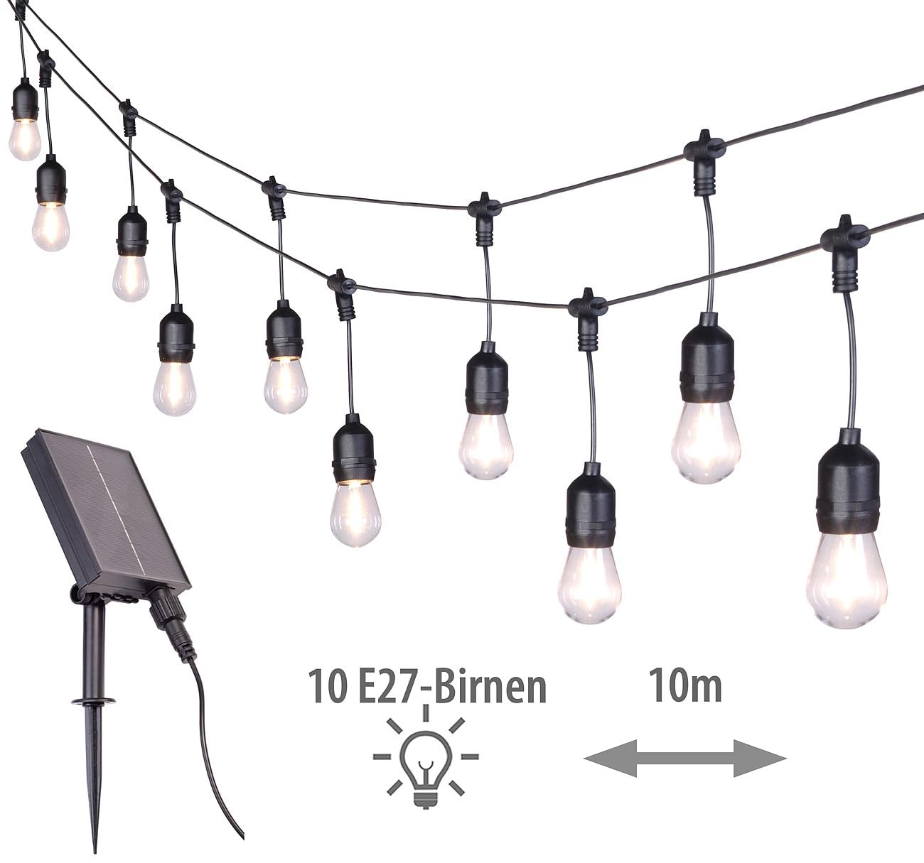 Lunartec Partylichterketten außen: 2er-Set Solar-E27-Glühbirnen-Lichterkette für außen, 10 E27-Birnen (Partybeleuchtung Lichterketten, Solarlampe, Baum)