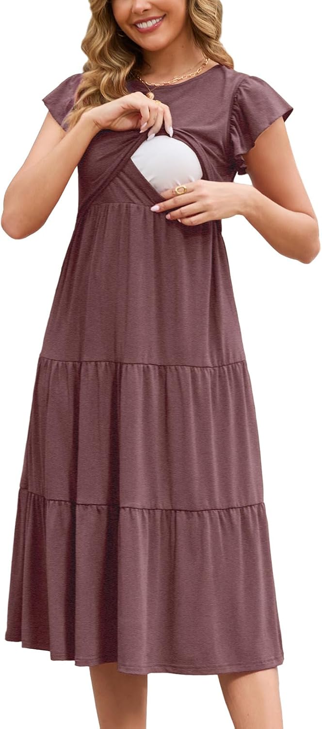 GINKANA Women Nursing Dress Flutter Sleeve Midi Dress Crew Neck Nursing Friendly Dresses Loose Flowy Maternity Beach Dress