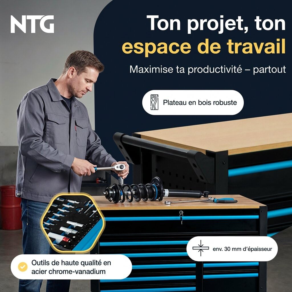 NTG Chariot à outils XXL – 471 pièces – 12 tiroirs avec plan de travail en bois, verrouillable, mobile sur roulettes – Meuble de rangement professionnel en métal pour garage et atelier