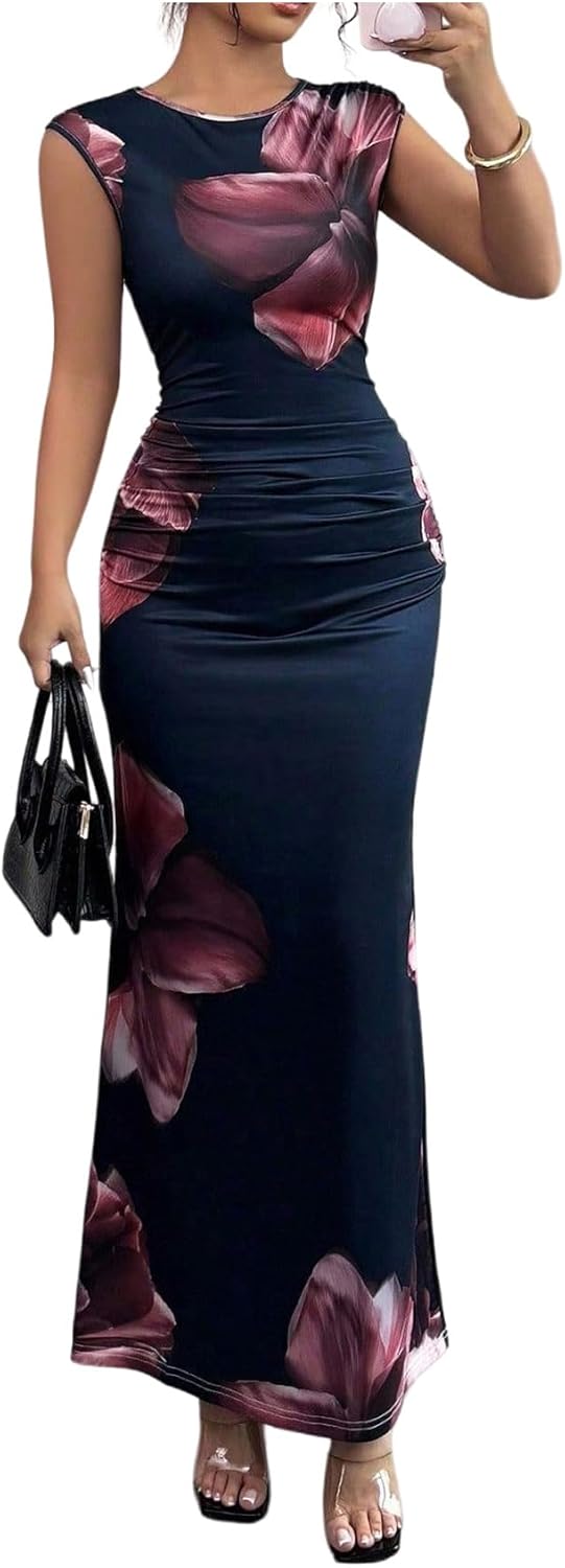 Floerns Women's Elegant Floral Bodycon Maxi Dress Ruched Crew Neck Sleeveless Wedding Guest Dresses