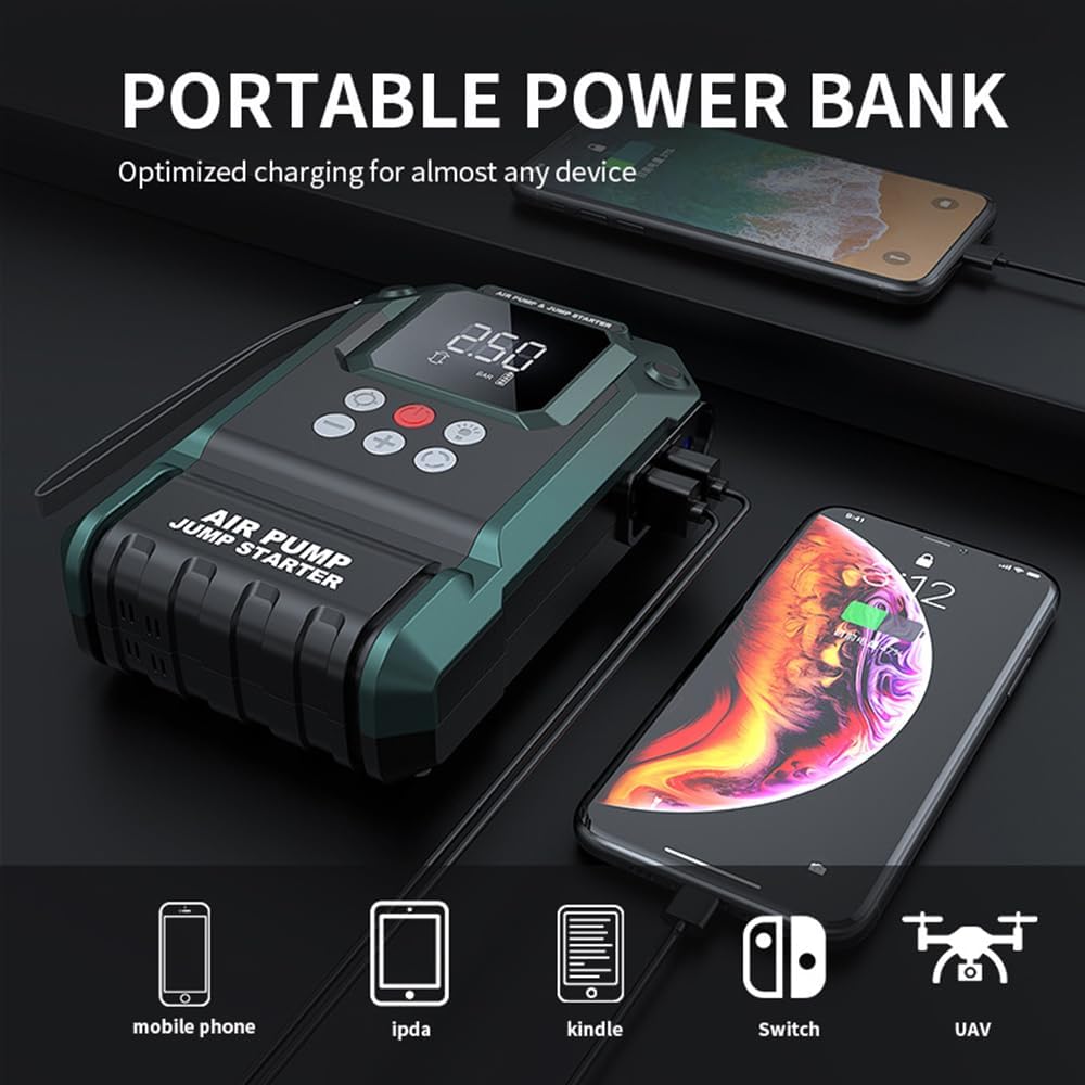 Car Jump Starter Portable with Air Compressor 2000A Peak (6.0L Gas,4.5L Diesel) Emergency Rapid lnflation Air Pump 12V Car Battery Jump with Power LED Lighe Booster Jumpstarter Batterycharger