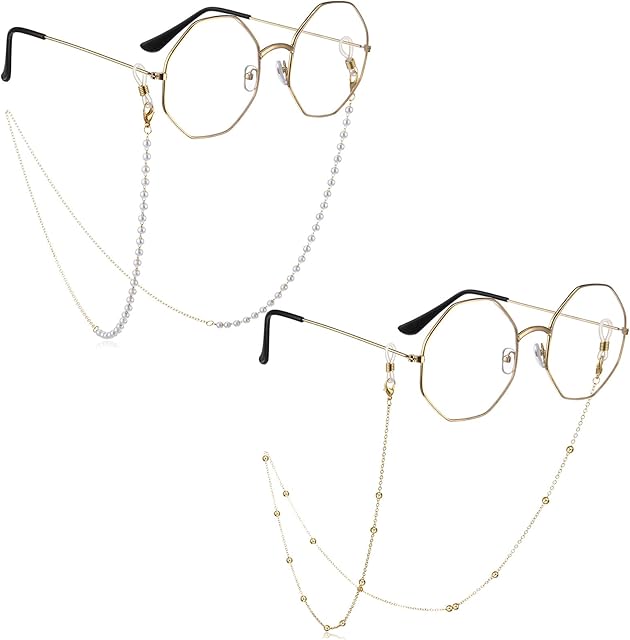 Eyeglass Chain 2 Pcs Pearl Beaded Sunglasses Strap Reading Glasses Holder Strap Eyeglass Holders Around Neck for Women Mask Holder for Women Men Eyewear Holders with Non Slip Loops Gift