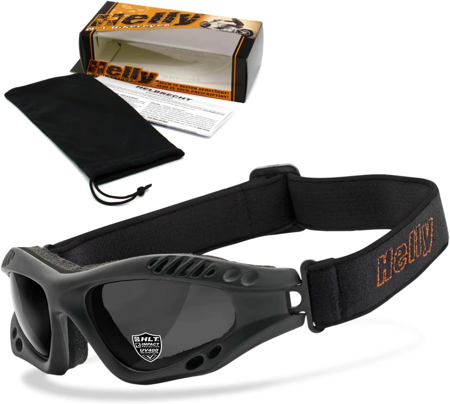 Helly® – nr 1 Bikereyes® okulary motocyklowe, przyciemniane | wiatroszczelne, wyściełane, odporne na zaparowanie, szkło hartowane HLT® | najwyższy komfort noszenia podczas długich wyjazdów | okulary