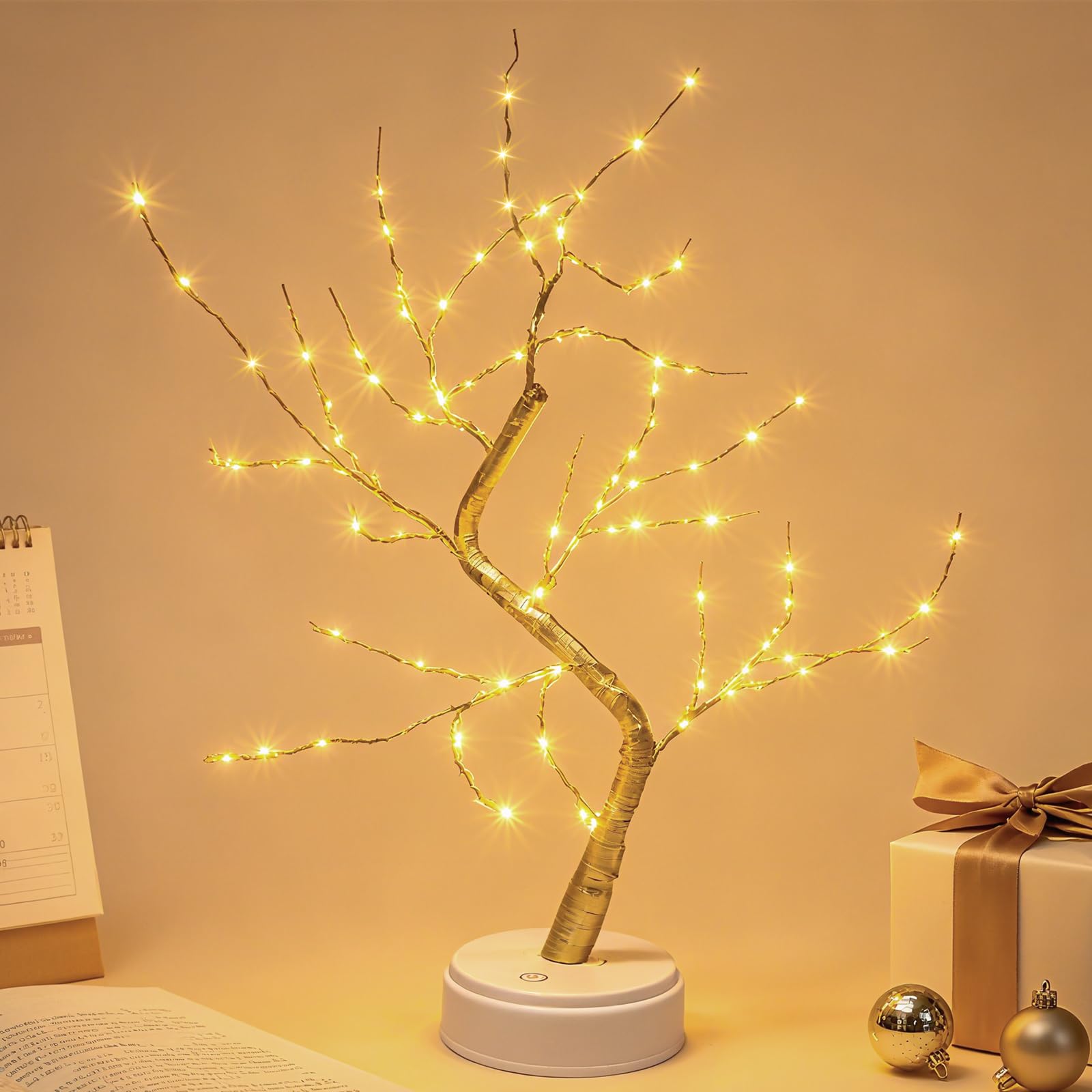 Kinamy LED Baum Lichter, Lichterbaum, Leuchtbaum Warmweiß Verstellbare Äste, 120 LED Baum Lampe Dekobaum Belichtet Baumbeleuchtung Innen Deko, Anschließen/Batteriebetrieben Beleuchtung