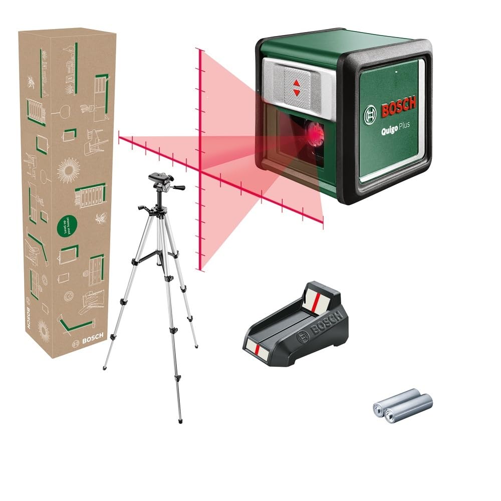 Bosch Láser de Líneas Cruzadas Quigo Plus con trípode (alineación fácil a distancias iguales y variables gracias a las marcas en la línea de láser, en caja para e-commerce)