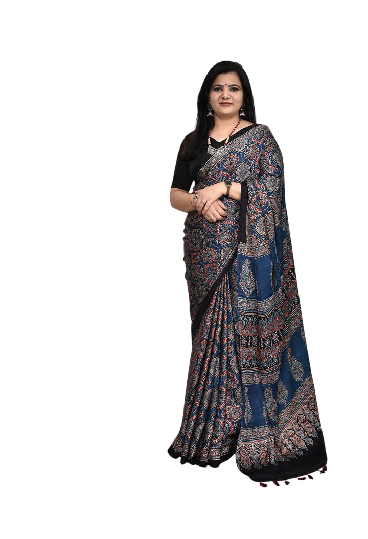 satika vastram Modal Silk Ajrakh Saree Bandhani Design Crepe Printed Designer Pallu Attach Blouse Piece-picture-43