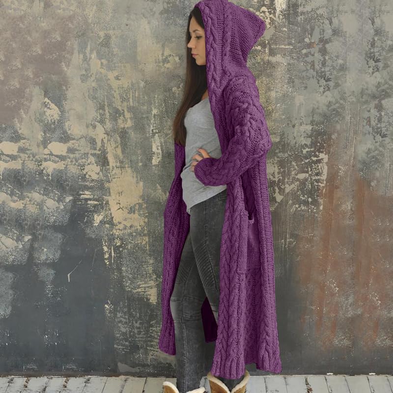 NIUBIA Womens Casual Long Sleeve Open Cardigan Warm Hooded Outwear Coat Cable Knit Long Cardigan Sweaters with Pockets - Image 2