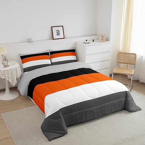 Miniatura 7 de Juego de edredón geométrico triangular, color naranja, gris oscuro, gris claro, tamaño Queen, para adolescentes, niños y niñas, juego de edredón