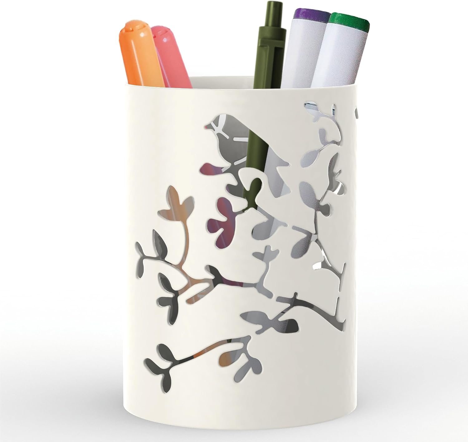 Mango Steam Metal Pen Holder, Makeup Brush Cup Organizer for Office, Bathroom, Vanity (White, Bird)