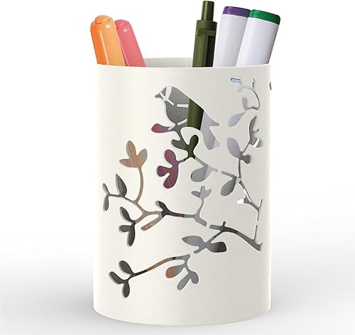 Mango Steam Soporte de metal para bolígrafo, soporte para escritorio, organizador de vasos para oficina, aula, hogar (blanco, pájaro)