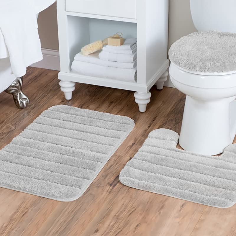 LWZY Bathroom Rug Super saugfähiges 3-teiliges Badezimmer-Badematten-Set, rutschfeste Badematte, U-Form, Toilettenvorleger, Toilettendeckelbezug, waschbarer Badevorleger, grau gestreift