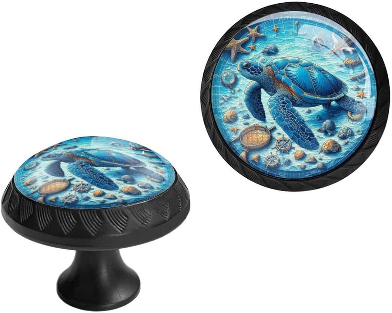 4 Pack Black Cabinet Knobs, Sea Turtle Starfish Nautical Compass Blue Glass Crystal Drawer Dresser Knobs Unique Cabinet Door Handle