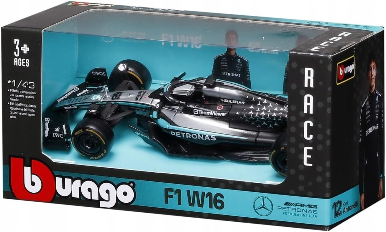Bburago - F1 Mercedes-AMG W16 2025#63 Russell, Diecast car in scale 1:43 with authentic details, replica F1 Mercedes, silver/black livery design, official license, recommended age 3+ years