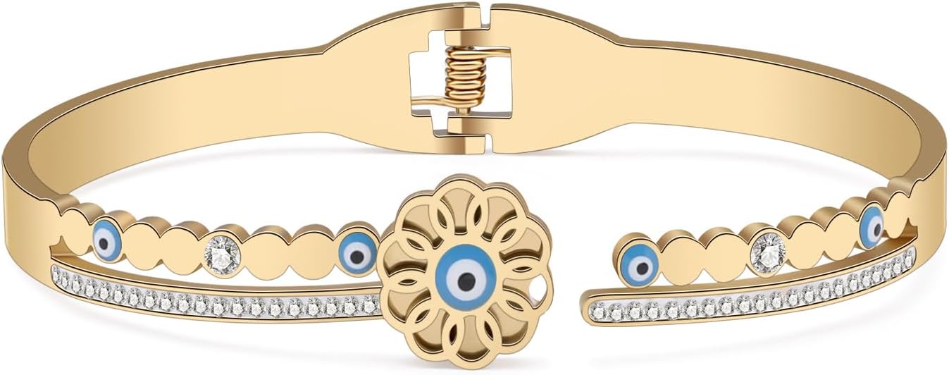 DUOWEI Cute Evil Eye Cuff Bangle Bracelet Stainless Steel 18K Real Gold Plated Jewelry Charms Amulet Gifts for Women (Evil Eye E Gold) - Image 3