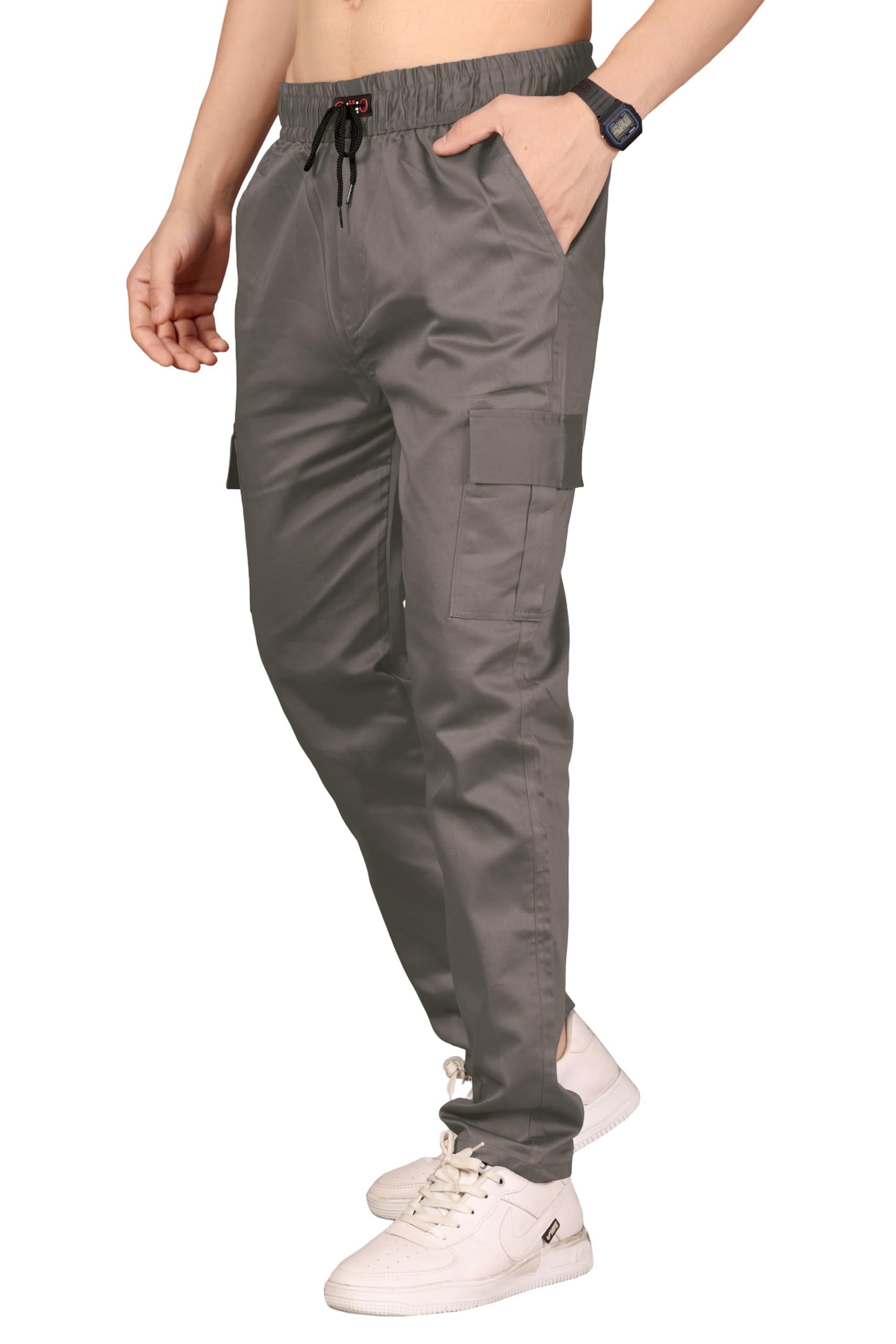 Men's Solid Cargo Jogger Pants with Side Pockets | Elastic Waist Drawstring Casual Trousers-picture-21