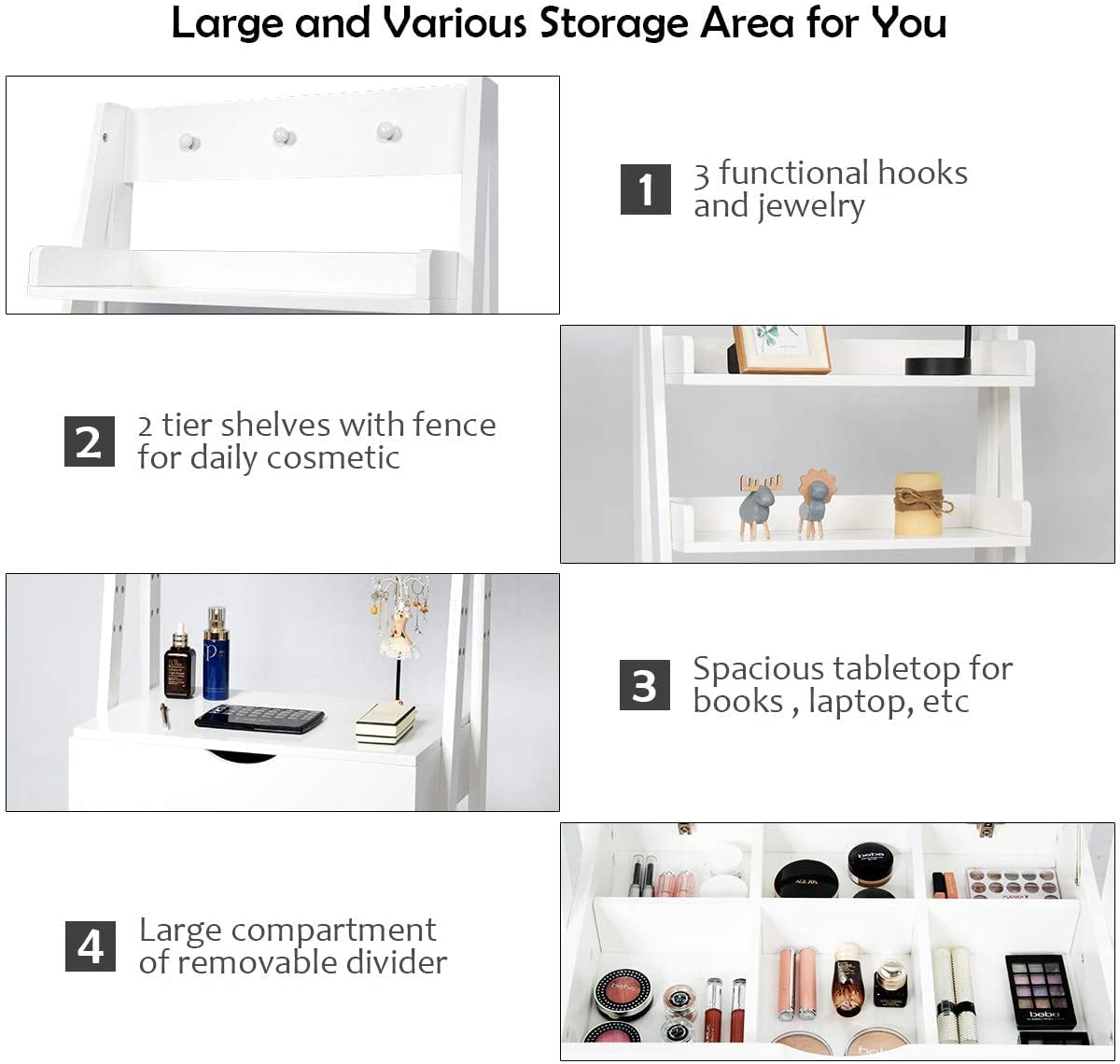 LUARANE Modern Vanity Makeup Set, Dressing Table with 6 Compartments 2 Open Storage Shelves 3 Hooks Flip Mirror, Ladder Makeup Table with Cushioned Stool, Multifunctional Table Set for Home, White