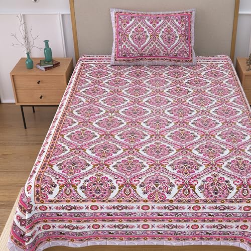 Image of 100% Cotton Single Bedsheet with 1 Pillow Cover | 240 TC Pure Cotton Flat Bed Sheet | Traditional Jaipuri Printed Bedding Set | Soft & Breathable | 60 x 90 Inch (Rangmahal Single 28)