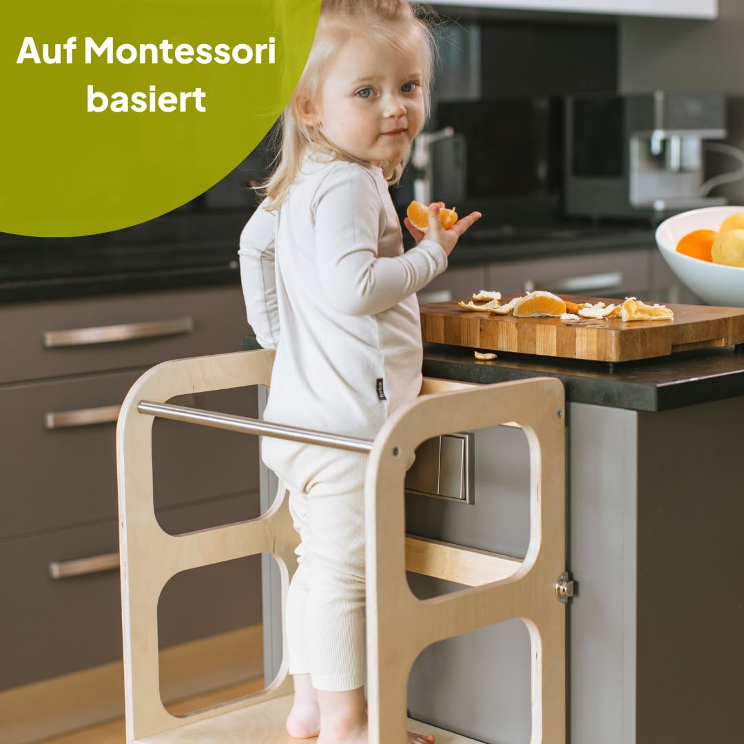 Ette Tete STEP'n'SIT® • Wandelbare Montessori Lernturm + Tisch, 2 in 1 (Hölzern, mit Silberverschlüssen)