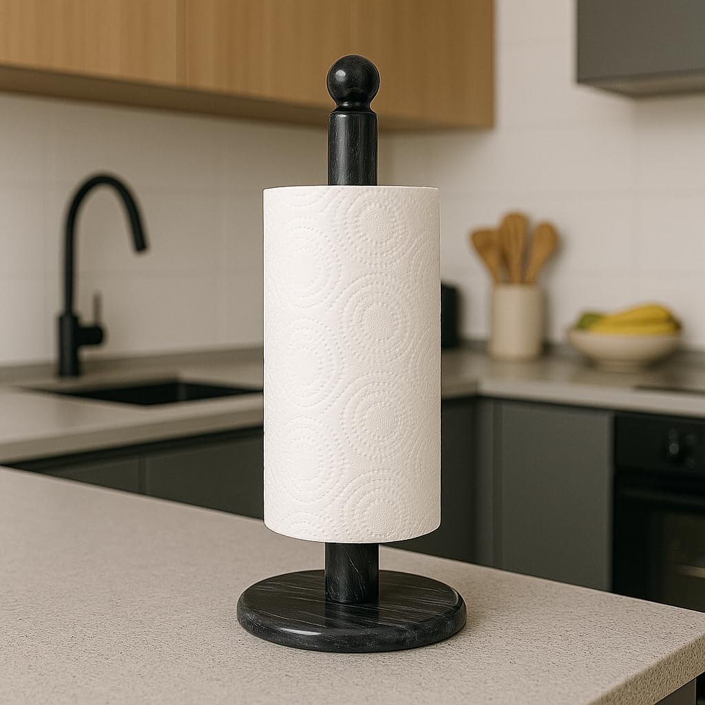 Creative Home Natural Marble Upright Paper Towel Holder 12.5" H × 6" Dia | Heavy Weighted Solid Base for Kitchen, Bathroom Countertop | Elegant Organizer and Gift Black