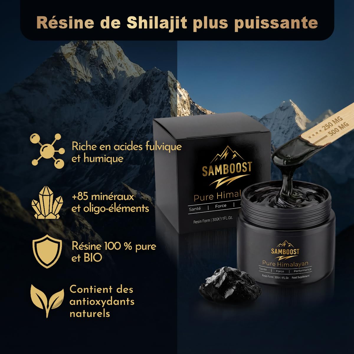 Shilajit Résine Pure 30g – Grade Premium Himalaya – Complément Alimentaire Naturel – Énergie, Vitalité & Immunité - 75% Acide Fulvique