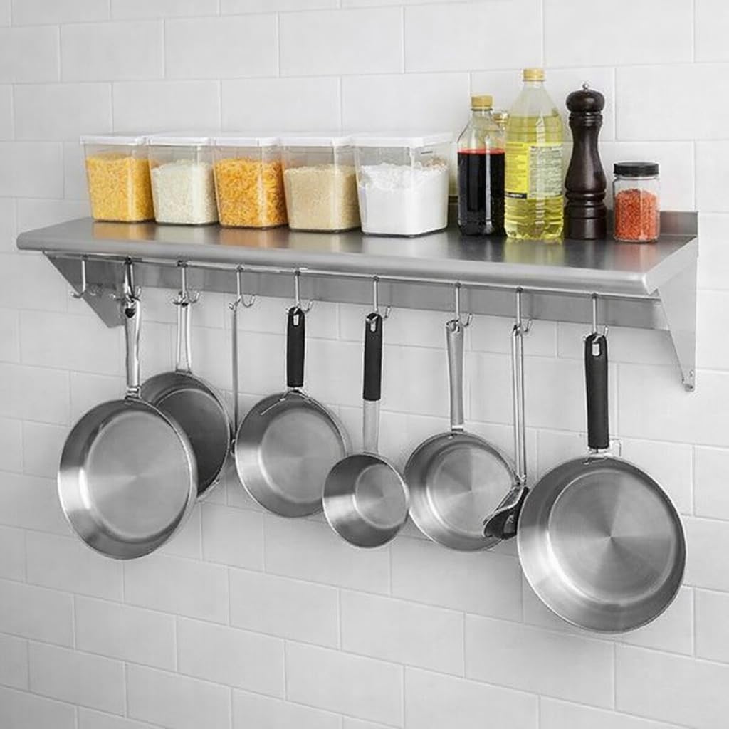 Stainless Steel Wall-Mounted Pot Rack with Shelf, 96" Wx12 D