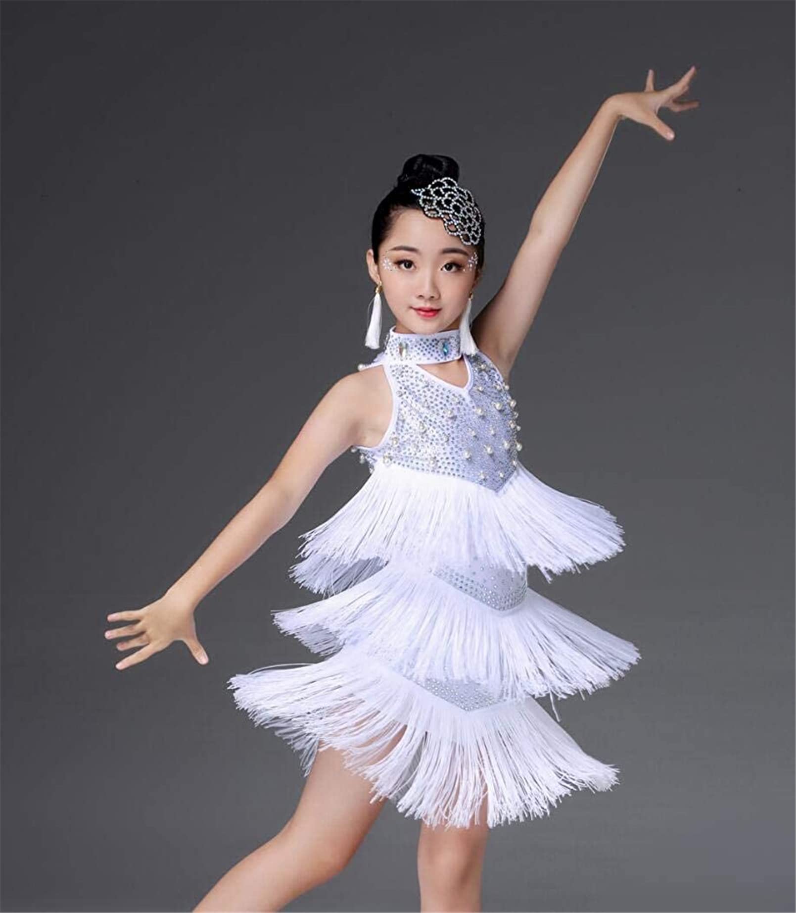 ラテン ドレス ホワイト ビーズ フリンジ ラテン ドレス ホワイト ビーズ フリンジ